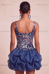Ruffled Beaded Sparkly Navy Bubble A Line Floral Mini Homecoming Dress