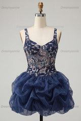 Ruffled Beaded Sparkly Navy Bubble A Line Floral Mini Homecoming Dress