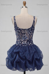 Ruffled Beaded Sparkly Navy Bubble A Line Floral Mini Homecoming Dress
