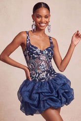 Ruffled Beaded Sparkly Navy Bubble A Line Floral Mini Homecoming Dress