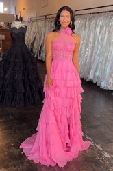 Ruffled Hot Pink Prom Dress Corset Halter Long Formal Dress With Lace