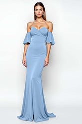 Ruffled Sheath Dusty Blue Wedding Guest Dress Long Formal Dress