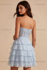 Ruffled Sky Blue Floral Tiered A Line Short Homecoming Dress with Bow