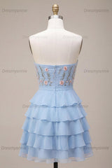 Ruffled Sky Blue Floral Tiered A Line Short Homecoming Dress with Bow