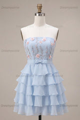 Ruffled Sky Blue Floral Tiered A Line Short Homecoming Dress with Bow