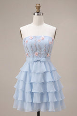 Ruffled Sky Blue Floral Tiered A Line Short Homecoming Dress with Bow