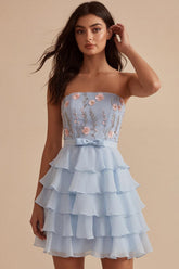 Ruffled Sky Blue Floral Tiered A Line Short Homecoming Dress with Bow