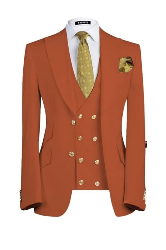 Rust Red Three Piece Peaked Lapel Prom Suit