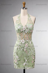 Sage Green Floral Halter Corset Tight Short Homecoming Dress