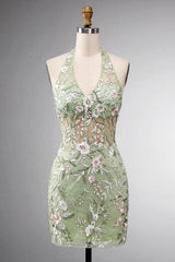 Sage Green Corset Floral Tight Short Halter Homecoming Dress
