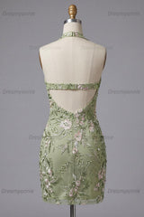 Sage Green Floral Halter Corset Tight Short Homecoming Dress