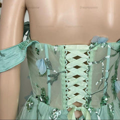 Sage Green Off-Shoulder Corset Homecoming Dress with 3D Flowers & Sequin Tulle