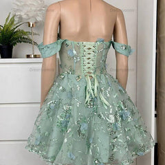 Sage Green Off-Shoulder Corset Homecoming Dress with 3D Flowers & Sequin Tulle