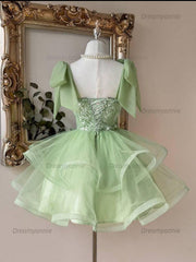 Sage Green Sweetheart Lace Corset Homecoming Dress with Bow Straps & Tiered Tulle Skirt