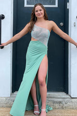 Sage Prom Dress Beaded Mermaid One Shoulder Long Formal Dress With Slit