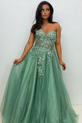 Sage Prom Dress Floral A-Line Sweetheart Corset Long Formal Dress