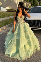 Sage Prom Dress Floral Tiered Ruffles A-Line Sweetheart Corset Long Formal Dress
