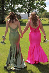 Sage Prom Dress Mermaid Satin Spaghetti Straps Long Formal Dress With Appliques