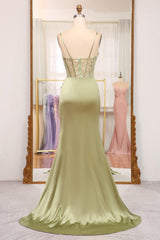 Sage Prom Dress Mermaid Sequined Long Corset Evening Dress With Slit