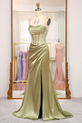 Sage Prom Dress Mermaid Sequined Long Corset Evening Dress With Slit