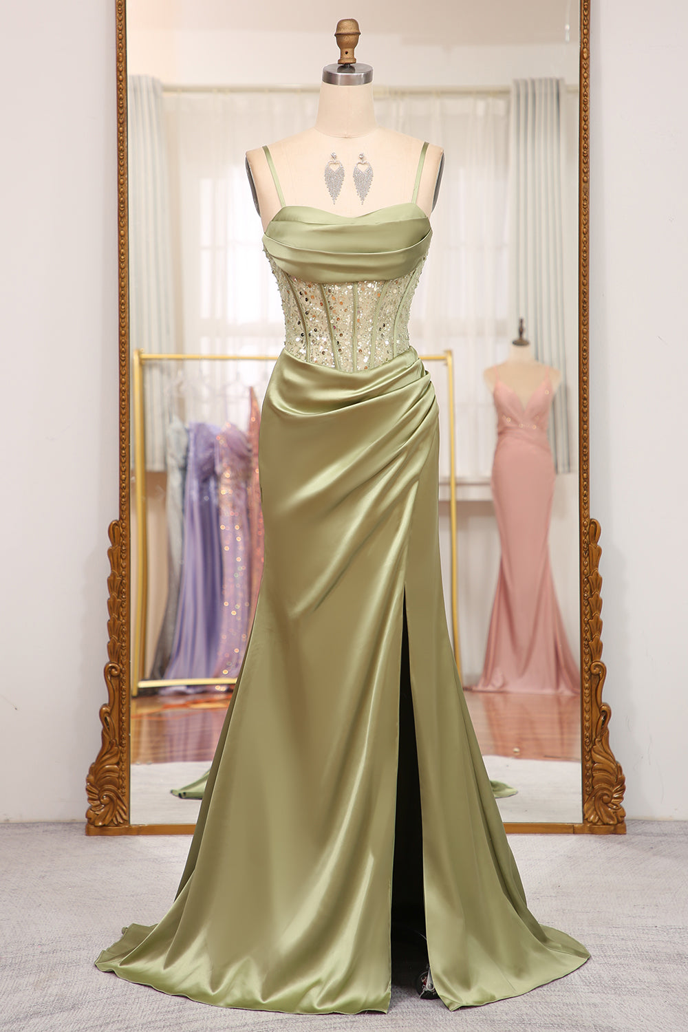 Sage Prom Dress Mermaid Sequined Long Corset Evening Dress With Slit