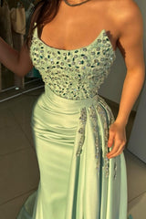 Sage Prom Dress Mermaid Strapless Beading Jewel Sleeveless Formal Dress