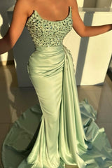 Sage Prom Dress Mermaid Strapless Beading Jewel Sleeveless Formal Dress