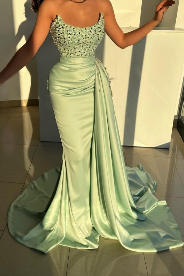Sage Prom Dress Mermaid Strapless Beading Jewel Sleeveless Formal Dress