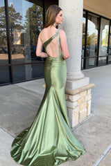 Sage Prom Dress One Shoulder Mermaid Evening Dress with Slit