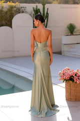Dreamyannie Sage Green Prom Dress Mermaid Beaded Sleeveless Satin Formal Dress