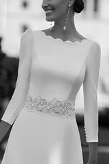 Satin 3/4 Sleeve Wedding Dress A Line Bateau Neck Bridal Gown