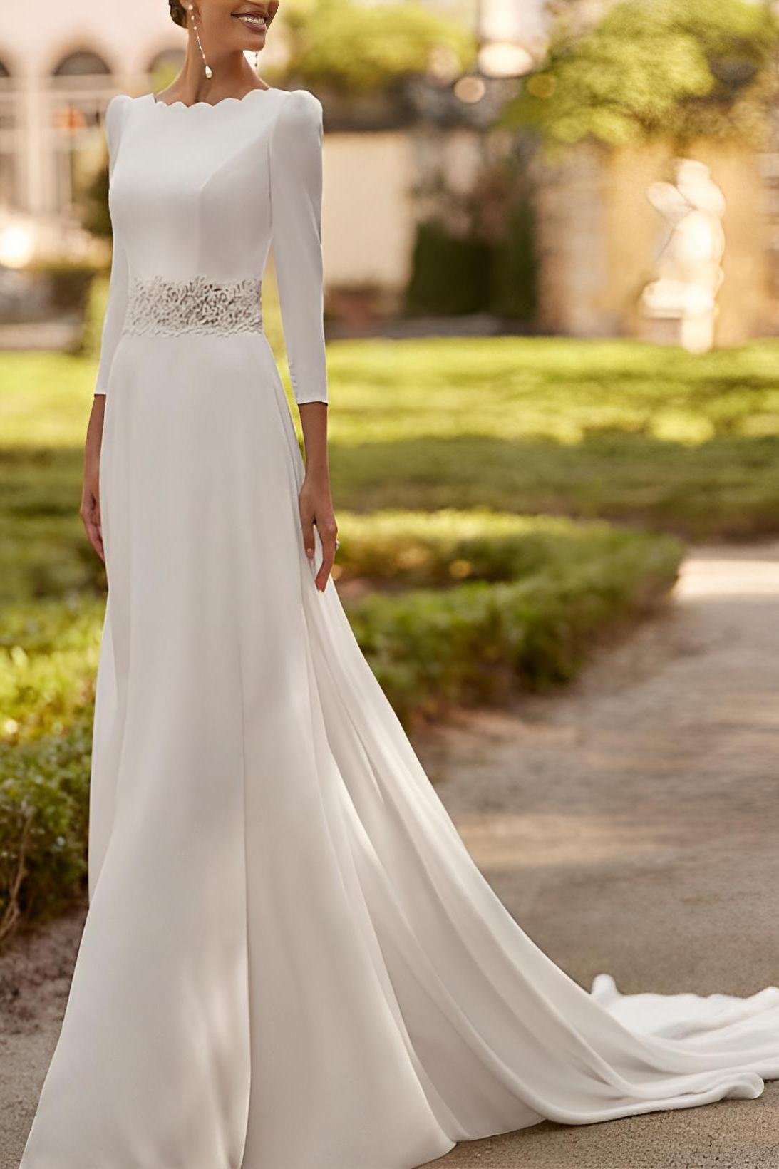 Satin 3/4 Sleeve Wedding Dress A Line Bateau Neck Bridal Gown