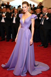 Satin A Line Elegant V-Neck Purple Wedding Guest Dress Gala Dress With Flying Sleeves