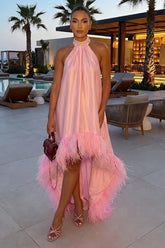Satin A-Line Evening Dress with Halter and Feather Trim