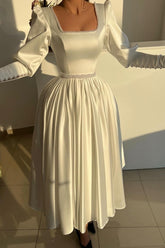 Satin A Line Prom Dress with Pearl Square Neck and Puff Sleeves
