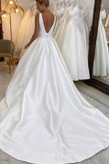 Satin A Line Wedding Dress with V Neck Sleeveless Design Sweep Train and High Split