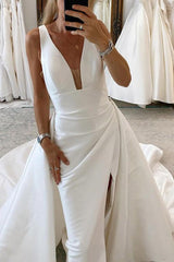 Satin A Line Wedding Dress with V Neck Sleeveless Design Sweep Train and High Split