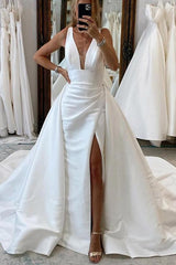 Satin A Line Wedding Dress with V Neck Sleeveless Design Sweep Train and High Split