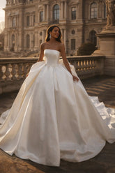 Satin Ball Gown Wedding Dress with Back Bow and Cathedral Train