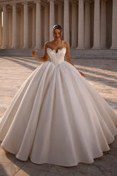 Satin Ball Gown Wedding Dress with Corset Bodice and Rhinestone Neckline