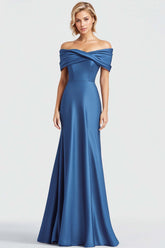 Satin Blue Wedding Guest Dress Mermaid Off The Shoulder Long Formal Dress With Ruch