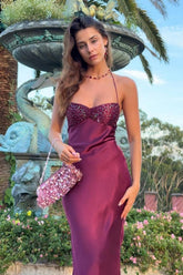 Satin halter sheath prom dress in mulberry with a sequined bodice, front view