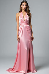 Satin Long Backless Pink Wedding Guest Dress Halter Formal Dress With Slit