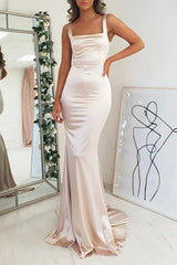 Satin Mermaid Bridesmaid Dress with Square Neckline Sleeveless and Sweep Train