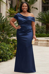 Satin Mermaid Plus Size Mother of the Bride Dress Asymmetric Ruched Bodice