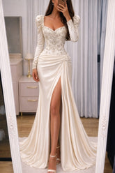 Satin Mermaid Prom Dress with Puff Sleeves and High Slit