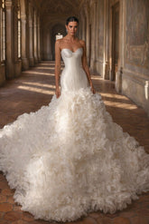 Satin Mermaid Wedding Dress with Corset Bodice and Ruffled Organza Train