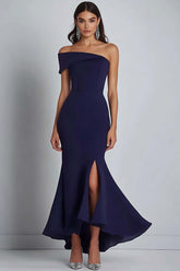 Satin Navy Wedding Guest Dress Sheath Off The Shoulder Long Formal Dress With Slit