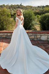 Satin Off the Shoulder Ball Gown Boho Wedding Dress