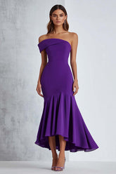 Satin Plum Off The Shoulder Knee-Length Formal Dress